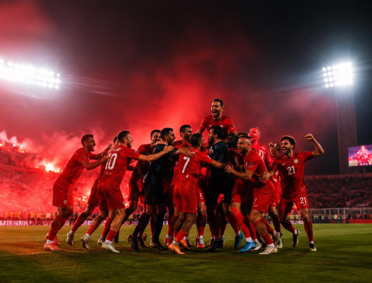 Club members celebrating under floodlights